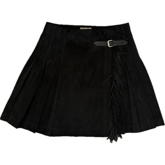 burberry 100% lamb suede pleated fringe mini skirt w/ buckle - Picture 1 of 8